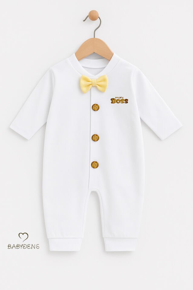 Minik Patron Papyonlu Erkek Bebek Tulum – Düğmeli Tasarım, Uzun Kollu %100 Pamuk Yenidoğan Tulumu Sarı