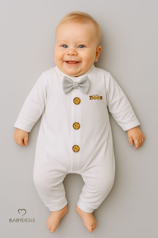 Minik Patron Papyonlu Erkek Bebek Tulum – Düğmeli Tasarım, Uzun Kollu %100 Pamuk Yenidoğan Tulumu Gri