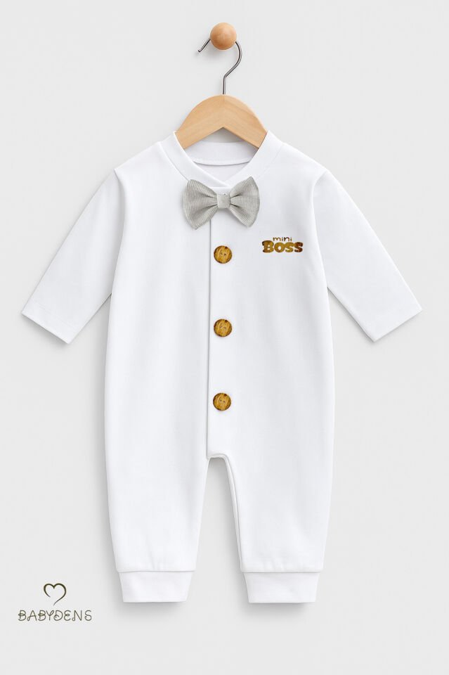 Minik Patron Papyonlu Erkek Bebek Tulum – Düğmeli Tasarım, Uzun Kollu %100 Pamuk Yenidoğan Tulumu Gri