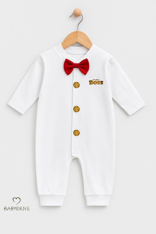 Minik Patron Papyonlu Erkek Bebek Tulum – Düğmeli Tasarım, Uzun Kollu %100 Pamuk Yenidoğan Tulumu Kırmızı