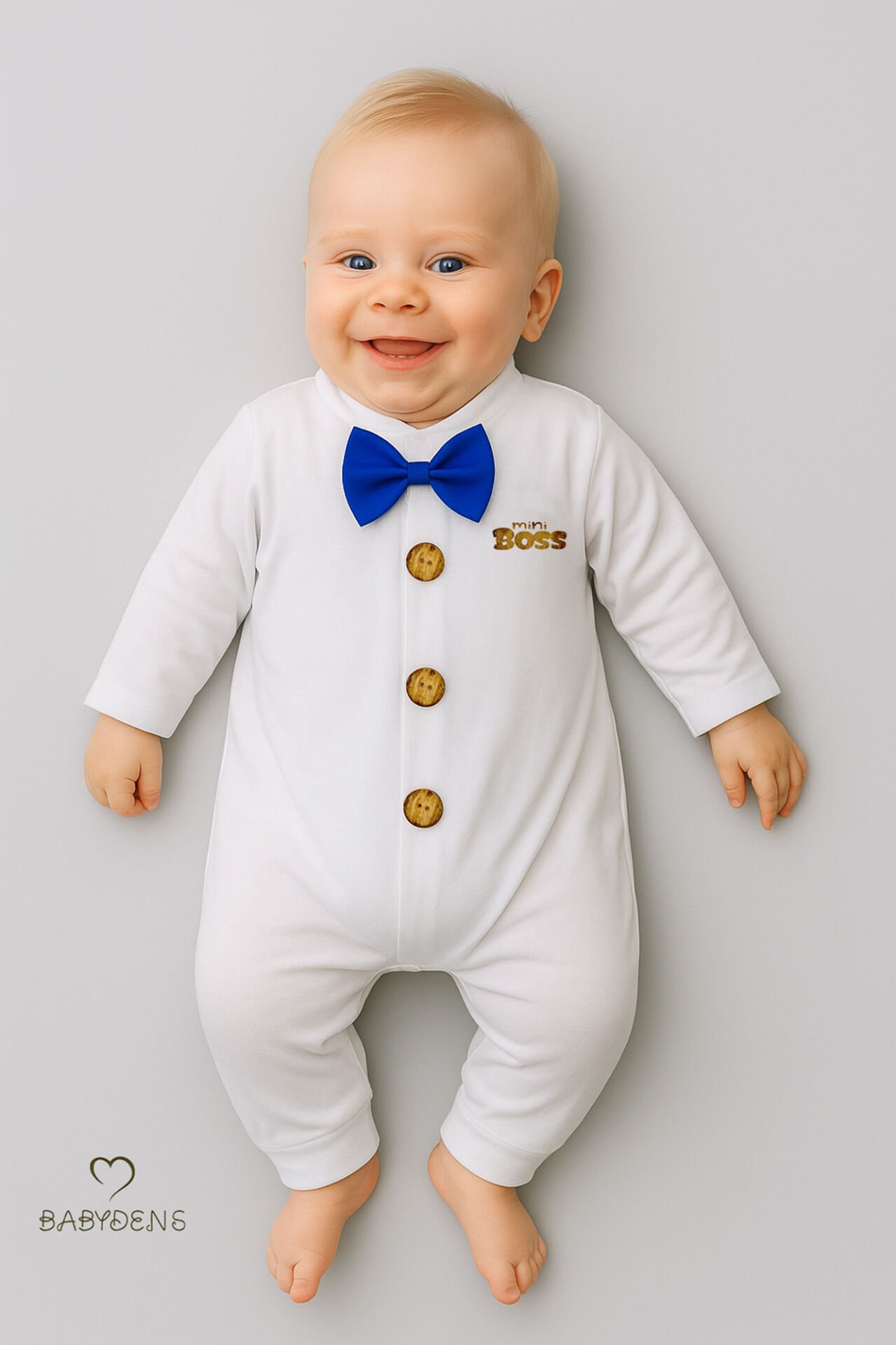 Minik Patron Papyonlu Erkek Bebek Tulum – Düğmeli Tasarım, Uzun Kollu %100 Pamuk Yenidoğan Tulumu Saks Mavi