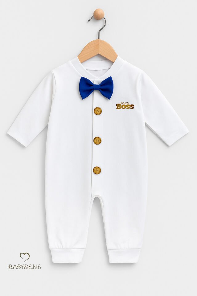 Minik Patron Papyonlu Erkek Bebek Tulum – Düğmeli Tasarım, Uzun Kollu %100 Pamuk Yenidoğan Tulumu Saks Mavi