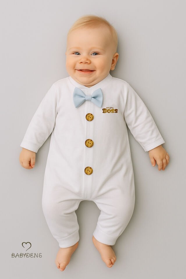 Minik Patron Papyonlu Erkek Bebek Tulum – Düğmeli Tasarım, Uzun Kollu %100 Pamuk Yenidoğan Tulumu Mavi