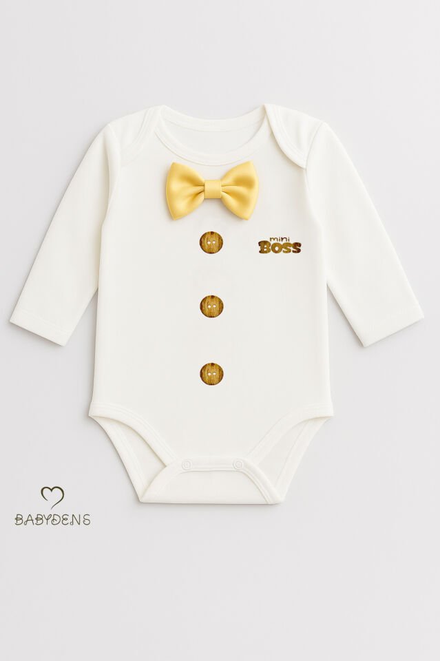 Minik Patron Papyonlu Bebek Body ,Düğme Deseni Baskılı, Erkek Bebek Uzun Kollu Çıtçıtlı Body Pamuklu Sarı