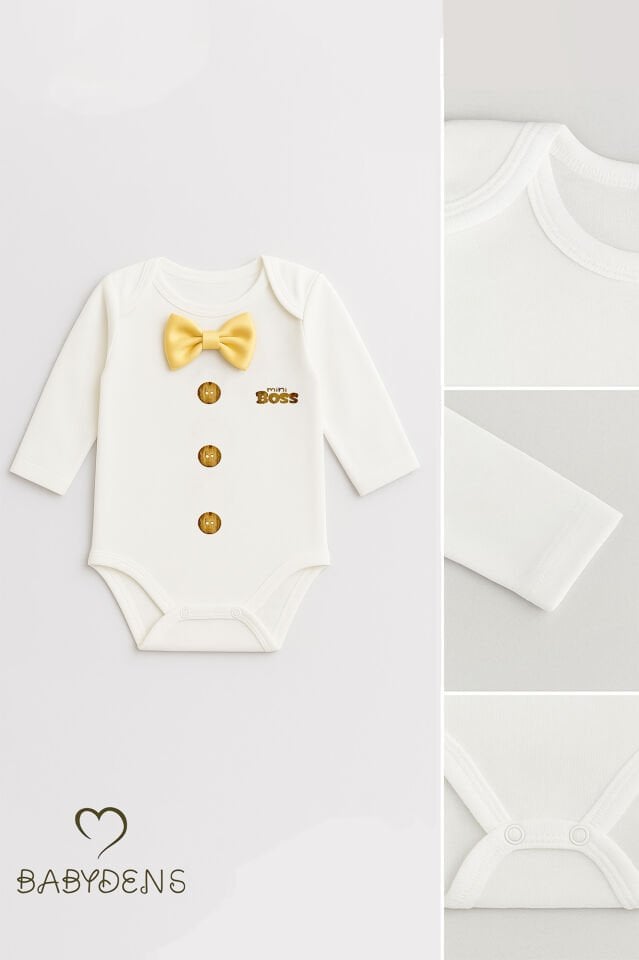 Minik Patron Papyonlu Bebek Body ,Düğme Deseni Baskılı, Erkek Bebek Uzun Kollu Çıtçıtlı Body Pamuklu Sarı