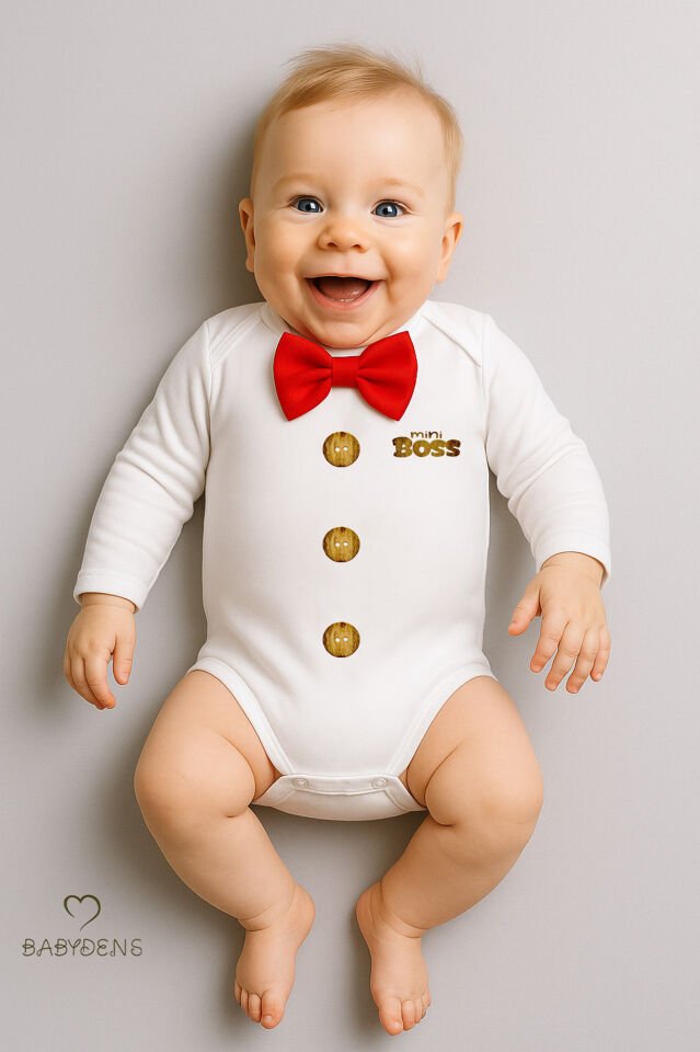 Minik Patron Papyonlu Bebek Body ,Düğme Deseni Baskılı, Erkek Bebek Uzun Kollu Çıtçıtlı Body Pamuklu Kırmızı