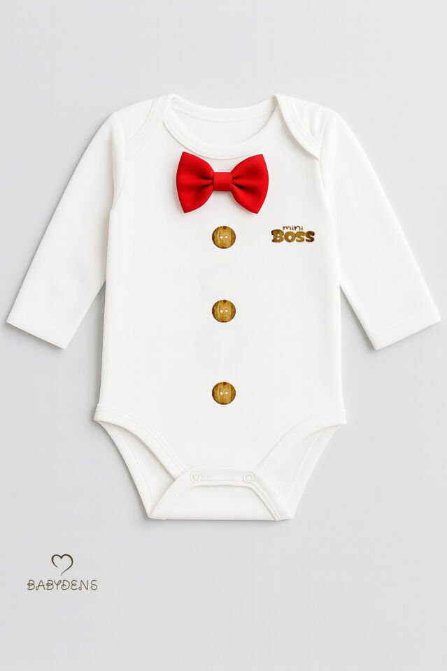 Minik Patron Papyonlu Bebek Body ,Düğme Deseni Baskılı, Erkek Bebek Uzun Kollu Çıtçıtlı Body Pamuklu Kırmızı