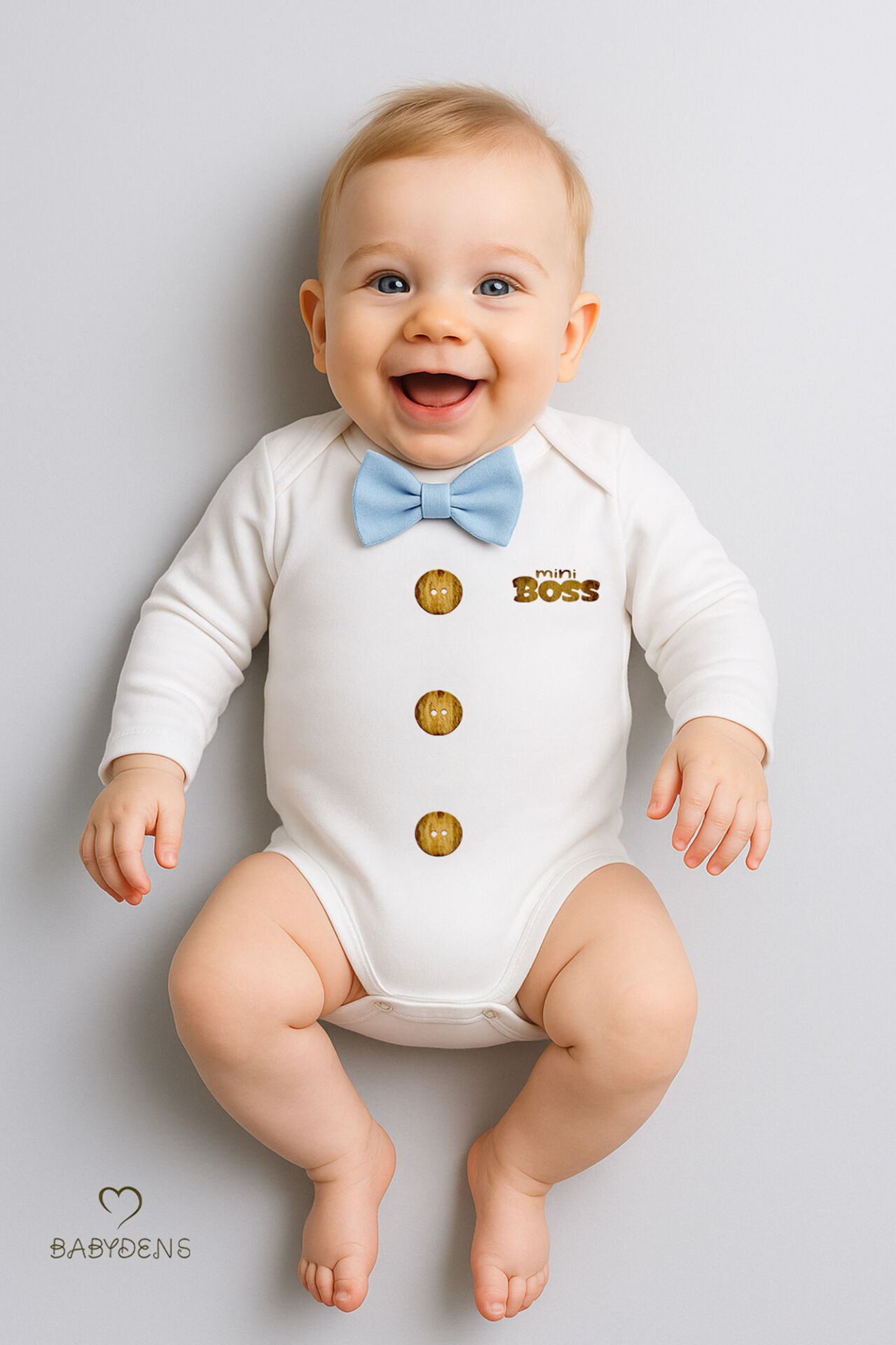 Minik Patron Papyonlu Bebek Body ,Düğme Deseni Baskılı, Erkek Bebek Uzun Kollu Çıtçıtlı Body Pamuklu Mavi