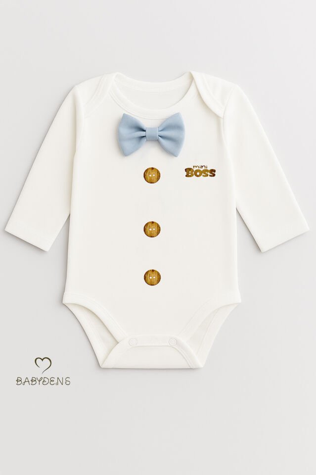 Minik Patron Papyonlu Bebek Body ,Düğme Deseni Baskılı, Erkek Bebek Uzun Kollu Çıtçıtlı Body Pamuklu Mavi