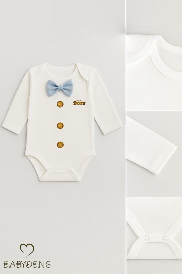 Minik Patron Papyonlu Bebek Body ,Düğme Deseni Baskılı, Erkek Bebek Uzun Kollu Çıtçıtlı Body Pamuklu Mavi