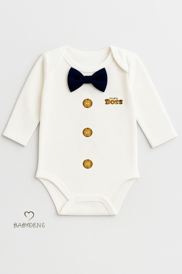 Minik Patron Papyonlu Bebek Body ,Düğme Deseni Baskılı, Erkek Bebek Uzun Kollu Çıtçıtlı Body Pamuklu Lacivert