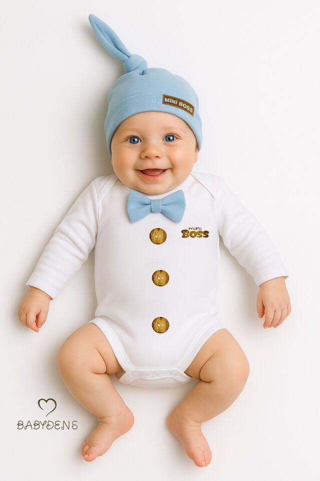 Minik Patron Erkek Bebek Uzun Kollu Çıtçıtlı Body ve Bere Seti Düğme Baskılı, Papyonlu %100 Pamuklu Mavi