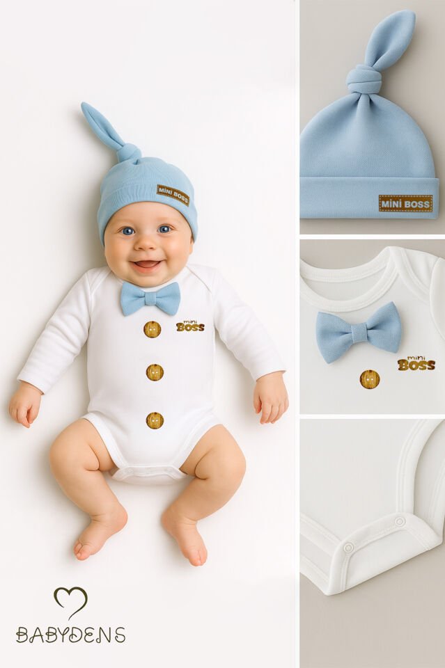 Minik Patron Erkek Bebek Uzun Kollu Çıtçıtlı Body ve Bere Seti Düğme Baskılı, Papyonlu %100 Pamuklu Mavi