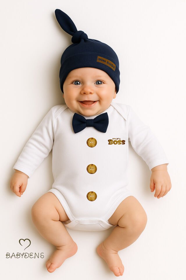 Minik Patron Erkek Bebek Uzun Kollu Çıtçıtlı Body ve Bere Seti Düğme Baskılı, Papyonlu %100 Pamuklu Lacivert