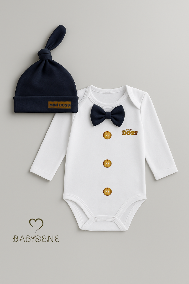 Minik Patron Erkek Bebek Uzun Kollu Çıtçıtlı Body ve Bere Seti Düğme Baskılı, Papyonlu %100 Pamuklu Lacivert