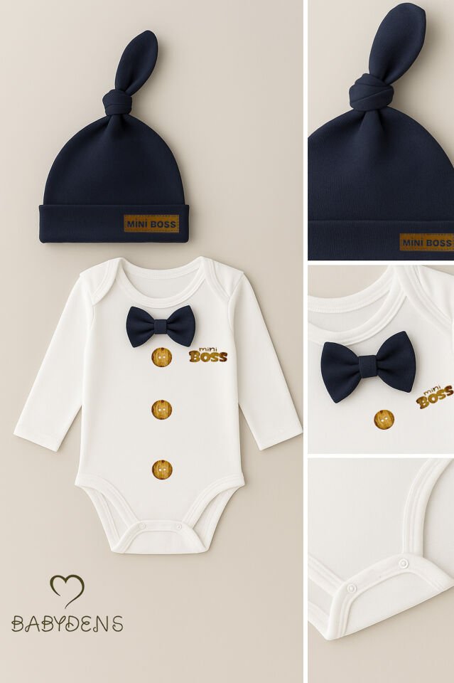 Minik Patron Erkek Bebek Uzun Kollu Çıtçıtlı Body ve Bere Seti Düğme Baskılı, Papyonlu %100 Pamuklu Lacivert