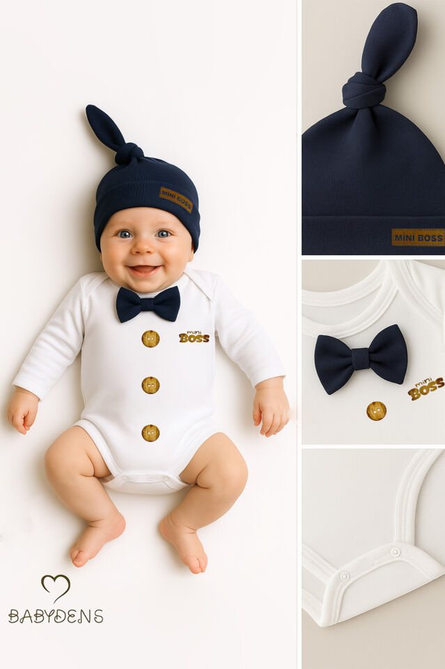 Minik Patron Erkek Bebek Uzun Kollu Çıtçıtlı Body ve Bere Seti Düğme Baskılı, Papyonlu %100 Pamuklu Lacivert