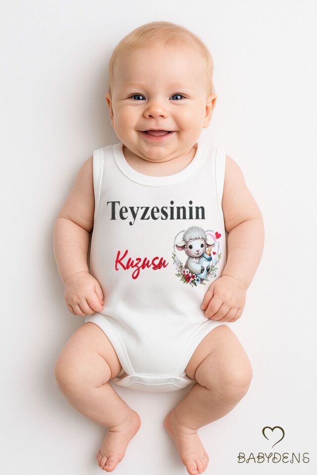 Teyzesinin Kuzusu Yazılı Kolsuz Bebek Body – %100 Pamuk, Çıtçıtlı Yazlık Zıbın, Sevimli Kuzu Baskılı 3-6 Ay