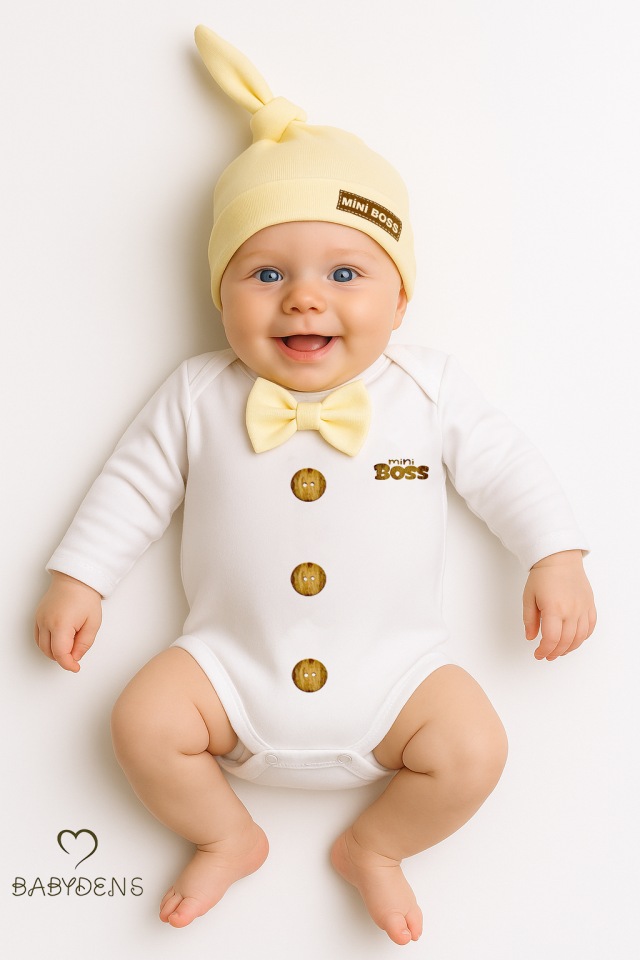 Minik Patron Erkek Bebek Uzun Kollu Çıtçıtlı Body ve Bere Seti Düğme Baskılı, Papyonlu %100 Pamuklu Sarı