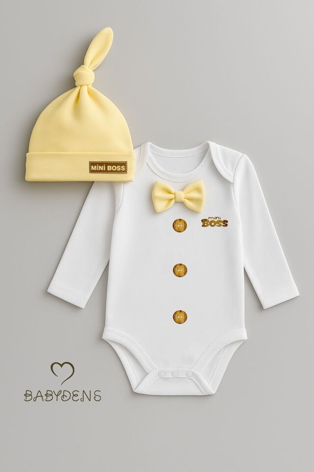 Minik Patron Erkek Bebek Uzun Kollu Çıtçıtlı Body ve Bere Seti Düğme Baskılı, Papyonlu %100 Pamuklu Sarı