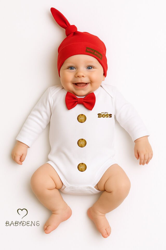 Minik Patron Erkek Bebek Uzun Kollu Çıtçıtlı Body ve Bere Seti Düğme Baskılı, Papyonlu %100 Pamuklu Kırmızı