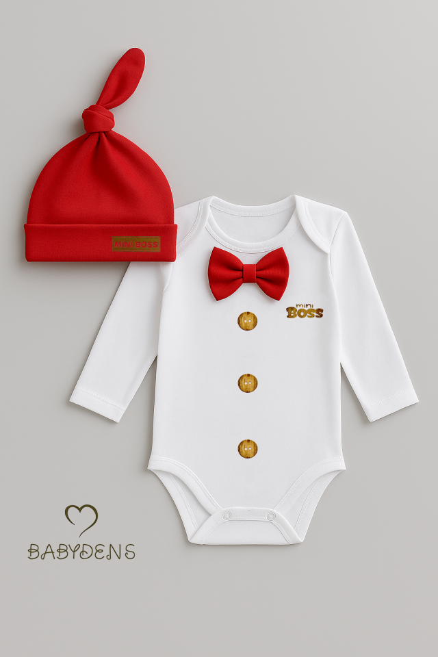 Minik Patron Erkek Bebek Uzun Kollu Çıtçıtlı Body ve Bere Seti Düğme Baskılı, Papyonlu %100 Pamuklu Kırmızı