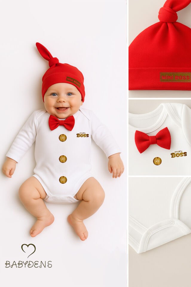 Minik Patron Erkek Bebek Uzun Kollu Çıtçıtlı Body ve Bere Seti Düğme Baskılı, Papyonlu %100 Pamuklu Kırmızı