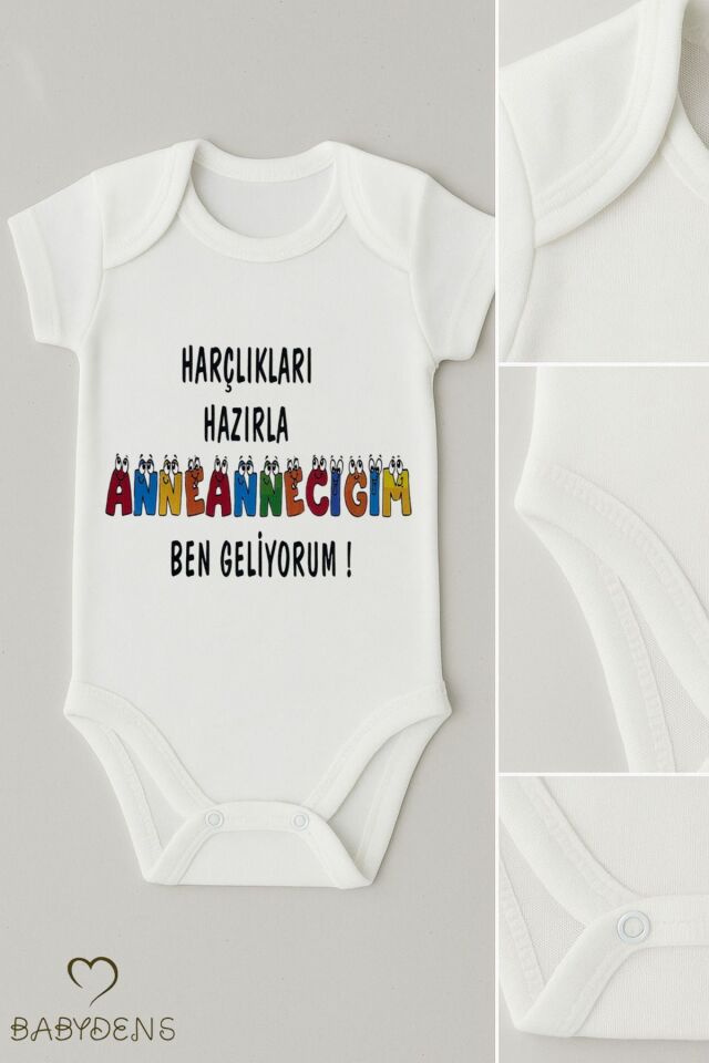 Harçlıkları Hazırla Anneanneciğim Yazılı Çıtçıtlı Bebek Zıbını %100 Pamuk Kısa Kollu Body Tulum 6-9 Ay