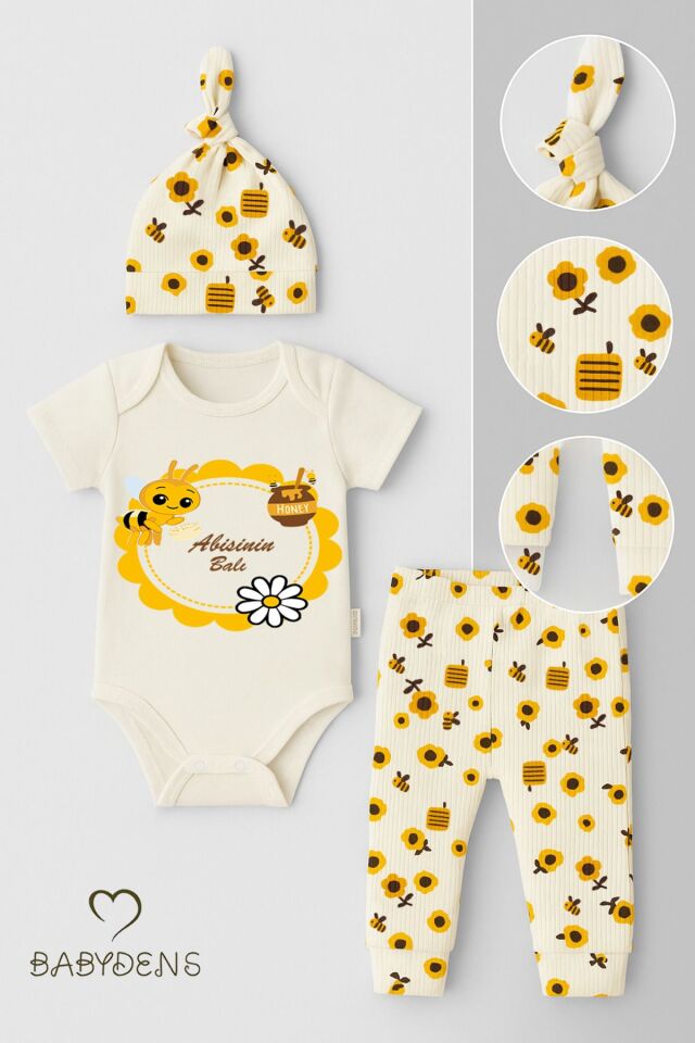 Abisinin Balı Yazılı 3’lü Bebek Takımı Kısa Kollu Çıtçıtlı Body, Fitilli Pantolon,Bere Arı Desenli 3-6 Ay