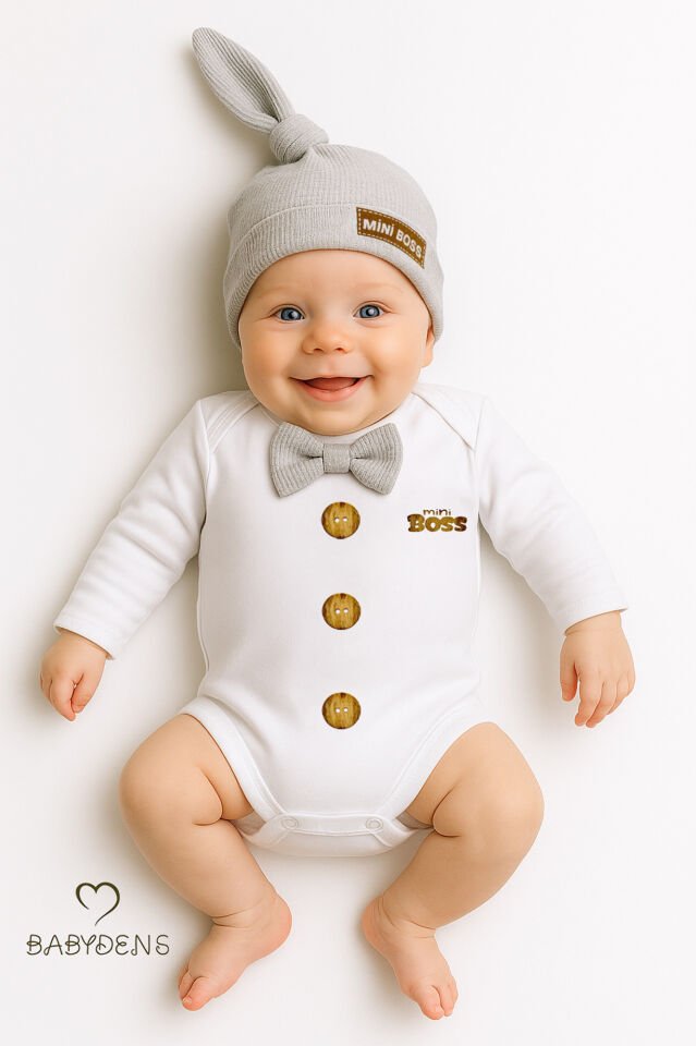 Minik Patron Erkek Bebek Uzun Kollu Çıtçıtlı Body ve Bere Seti Düğme Baskılı, Papyonlu %100 Pamuklu Gri