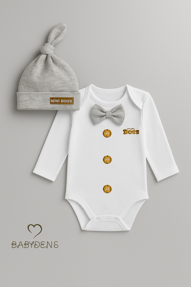 Minik Patron Erkek Bebek Uzun Kollu Çıtçıtlı Body ve Bere Seti Düğme Baskılı, Papyonlu %100 Pamuklu Gri