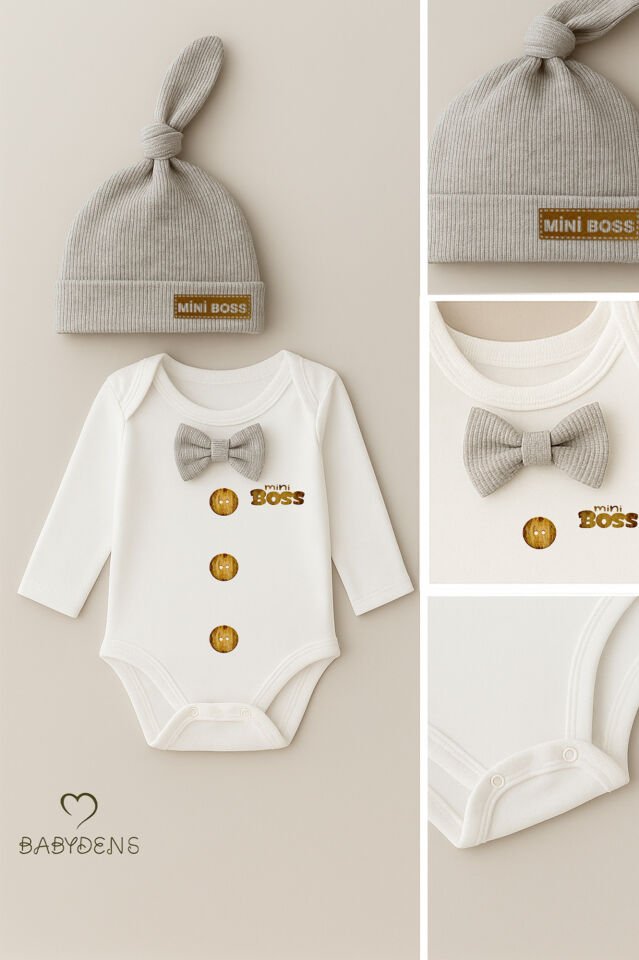 Minik Patron Erkek Bebek Uzun Kollu Çıtçıtlı Body ve Bere Seti Düğme Baskılı, Papyonlu %100 Pamuklu Gri
