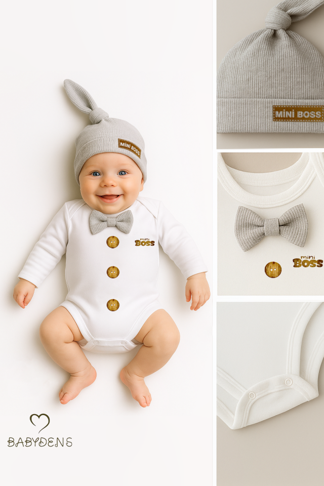 Minik Patron Erkek Bebek Uzun Kollu Çıtçıtlı Body ve Bere Seti Düğme Baskılı, Papyonlu %100 Pamuklu Gri