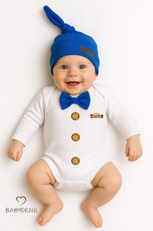 Minik Patron Erkek Bebek Uzun Kollu Çıtçıtlı Body ve Bere Seti Düğme Baskılı, Papyonlu %100 Pamuklu Saks Mavi