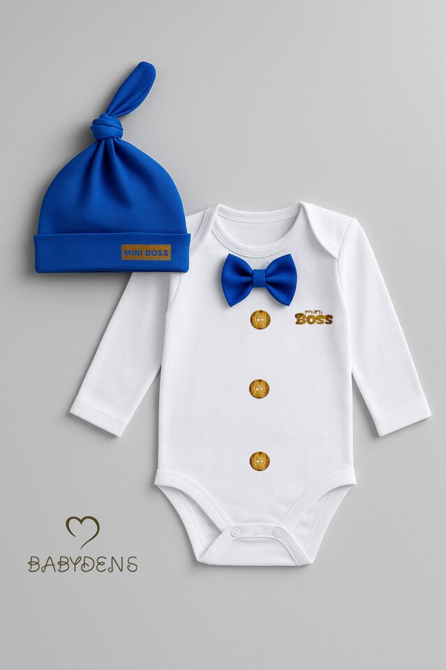 Minik Patron Erkek Bebek Uzun Kollu Çıtçıtlı Body ve Bere Seti Düğme Baskılı, Papyonlu %100 Pamuklu Saks Mavi