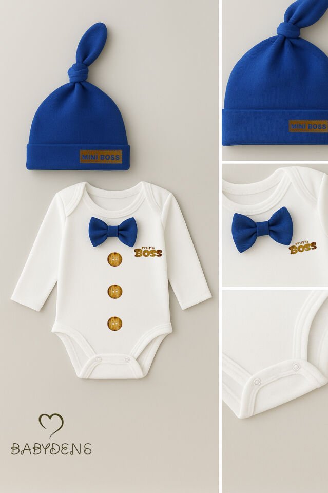 Minik Patron Erkek Bebek Uzun Kollu Çıtçıtlı Body ve Bere Seti Düğme Baskılı, Papyonlu %100 Pamuklu Saks Mavi