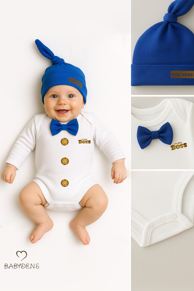 Minik Patron Erkek Bebek Uzun Kollu Çıtçıtlı Body ve Bere Seti Düğme Baskılı, Papyonlu %100 Pamuklu Saks Mavi