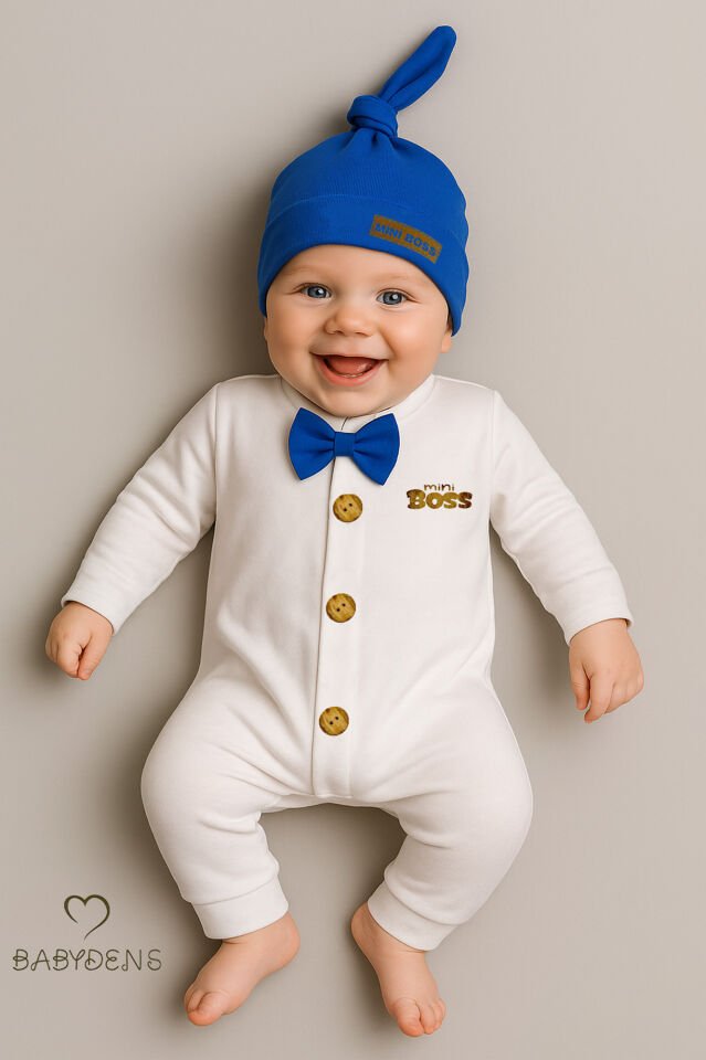 Minik Patron Erkek Bebek Düğmeli Tulum ve Bere Seti – Papyonlu,Manşetli Paça, %100 Pamuk Bebek Tulum Saks Mavi