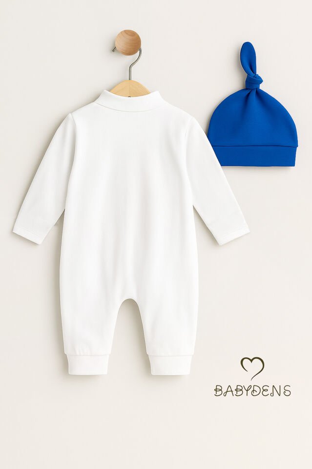 Minik Patron Erkek Bebek Düğmeli Tulum ve Bere Seti – Papyonlu,Manşetli Paça, %100 Pamuk Bebek Tulum Saks Mavi