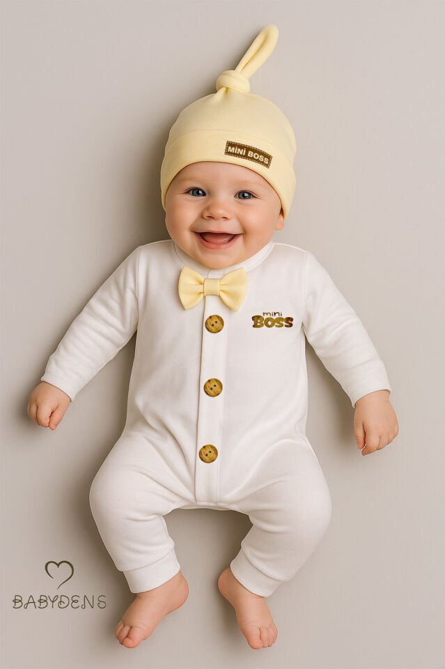 Minik Patron Erkek Bebek Düğmeli Tulum ve Bere Seti – Papyonlu,Manşetli Paça, %100 Pamuk Bebek Tulum Sarı