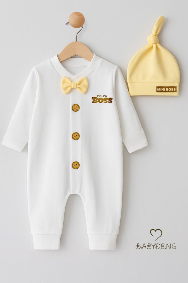 Minik Patron Erkek Bebek Düğmeli Tulum ve Bere Seti – Papyonlu,Manşetli Paça, %100 Pamuk Bebek Tulum Sarı