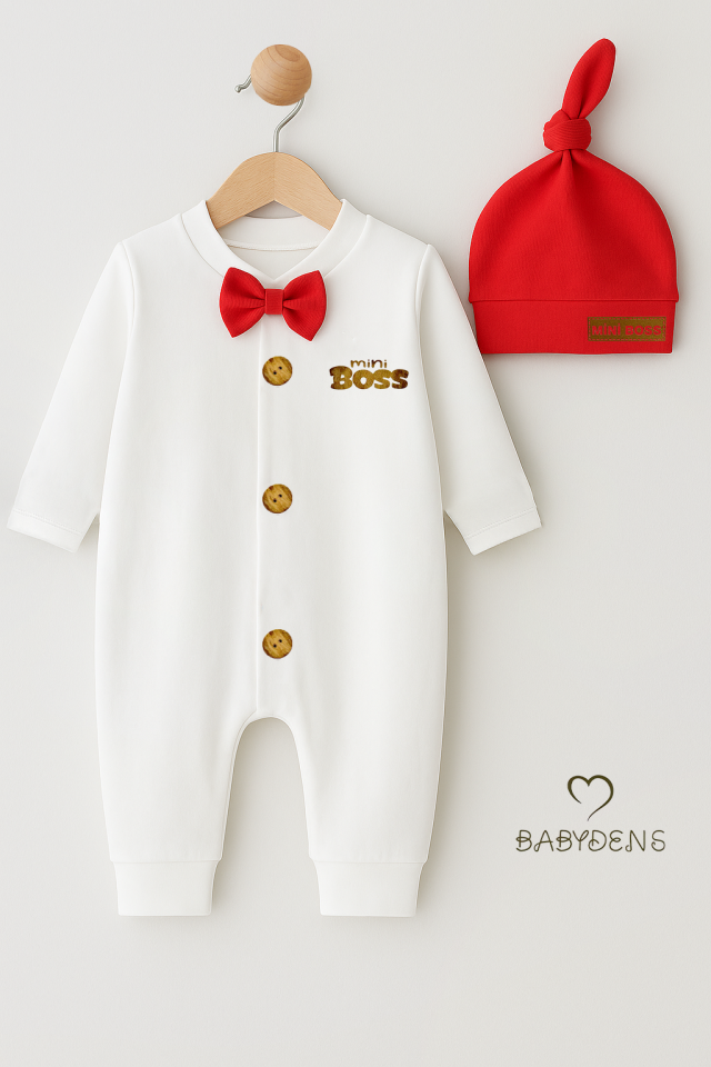 Minik Patron Erkek Bebek Düğmeli Tulum ve Bere Seti – Papyonlu,Manşetli Paça, %100 Pamuk Bebek Tulum Kırmızı