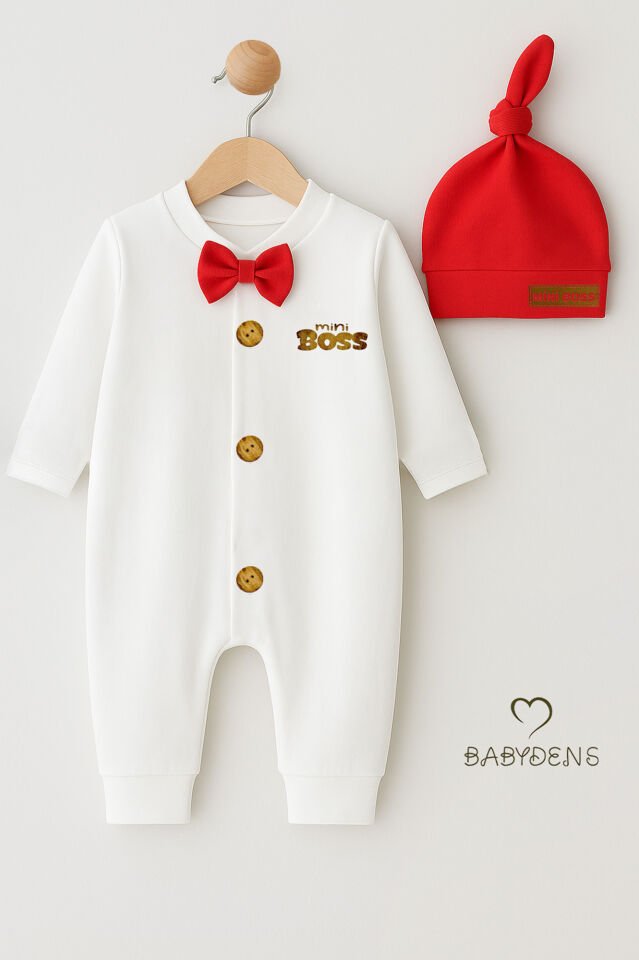 Minik Patron Erkek Bebek Düğmeli Tulum ve Bere Seti – Papyonlu,Manşetli Paça, %100 Pamuk Bebek Tulum Kırmızı