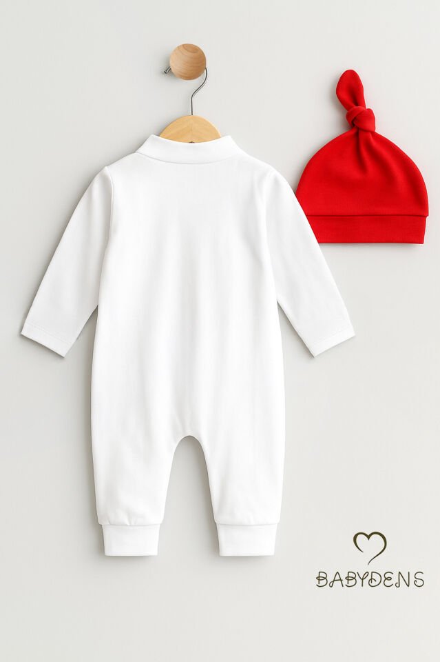 Minik Patron Erkek Bebek Düğmeli Tulum ve Bere Seti – Papyonlu,Manşetli Paça, %100 Pamuk Bebek Tulum Kırmızı